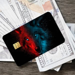 cartes bancaires personnalisées adhésives loup animal moderne graphique noir gris bleu rouge