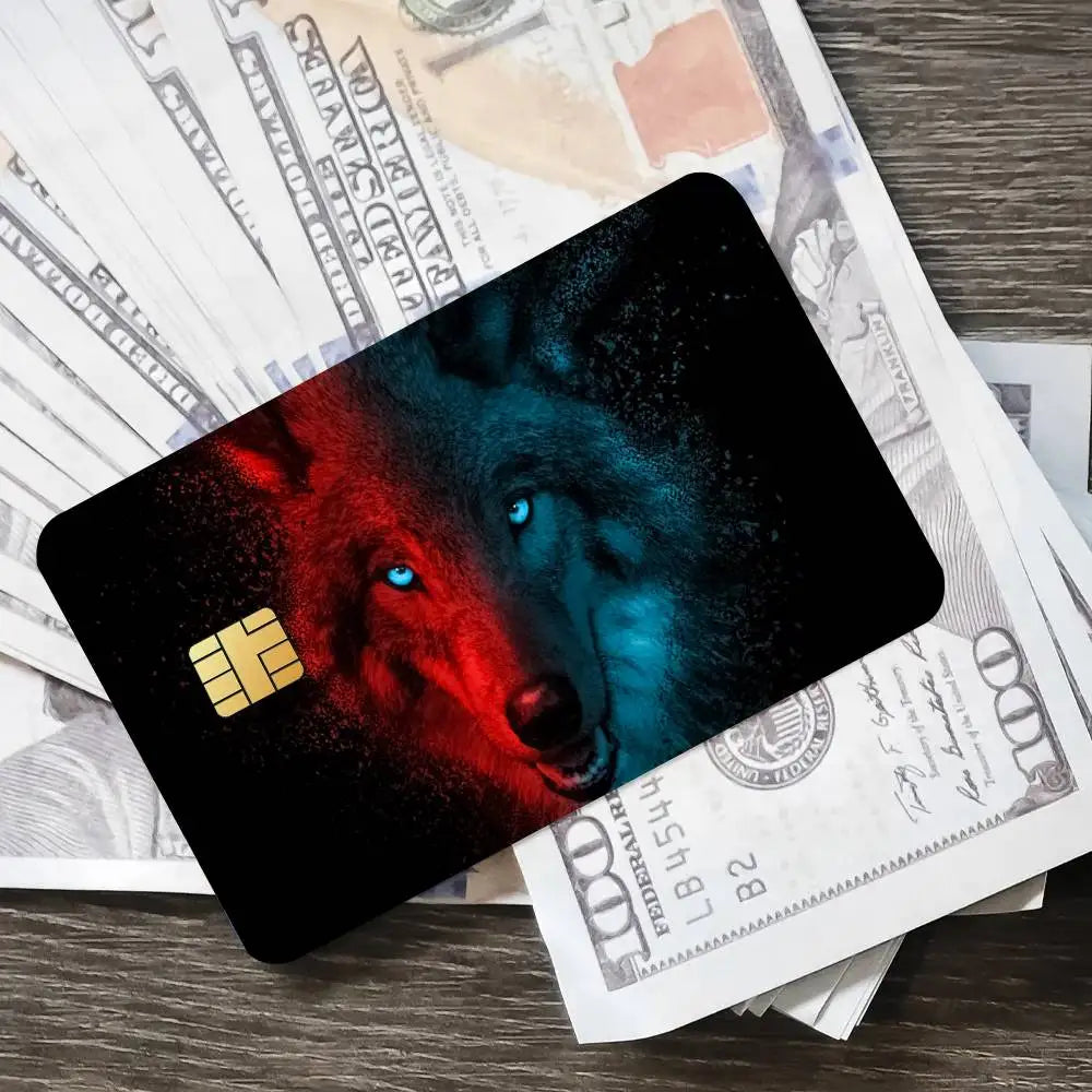 cartes bancaires personnalisées adhésives loup animal moderne graphique noir gris bleu rouge