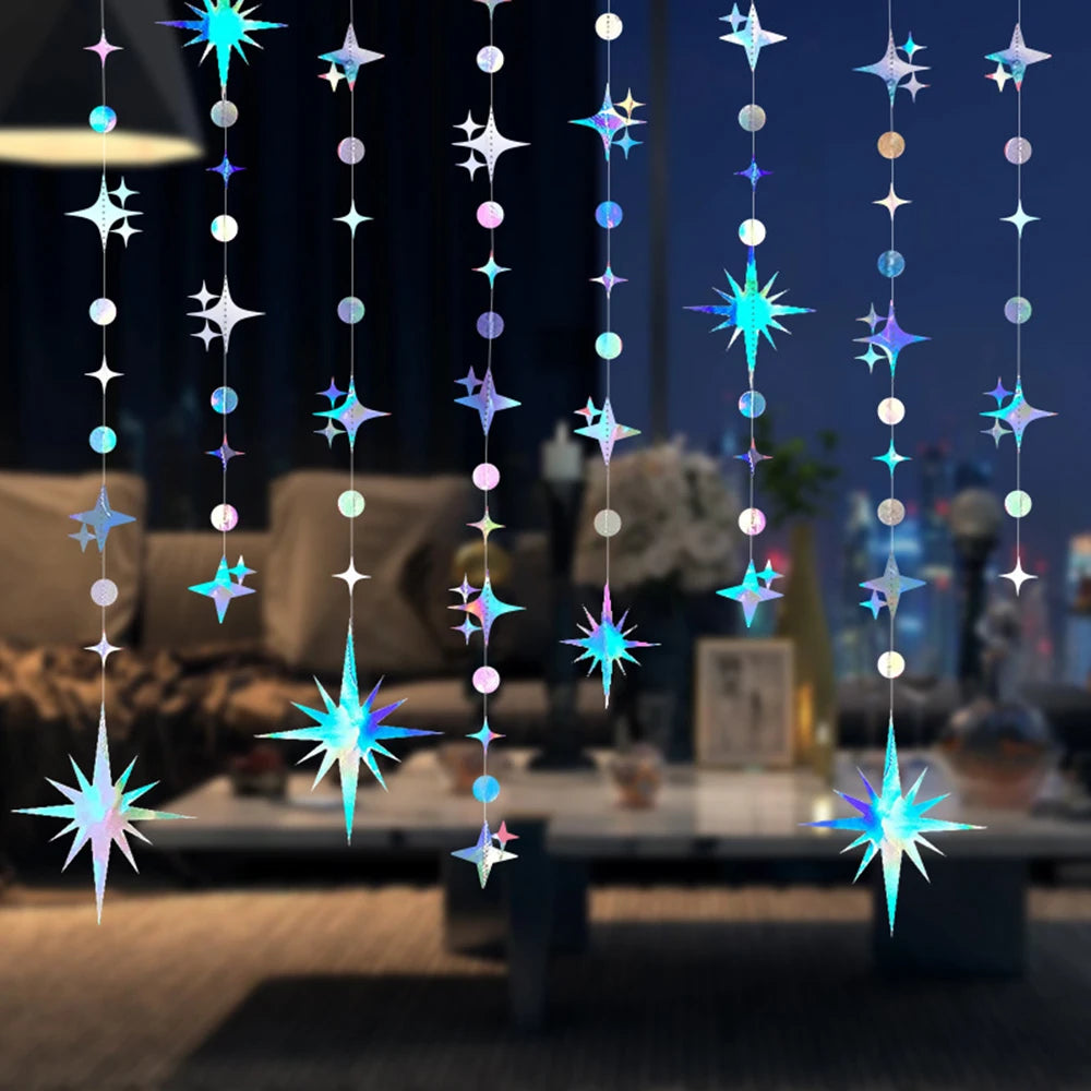 décoration suspendue guirlande lumineuse étoiles holographiques moderne bleu argenté violet rose blanc