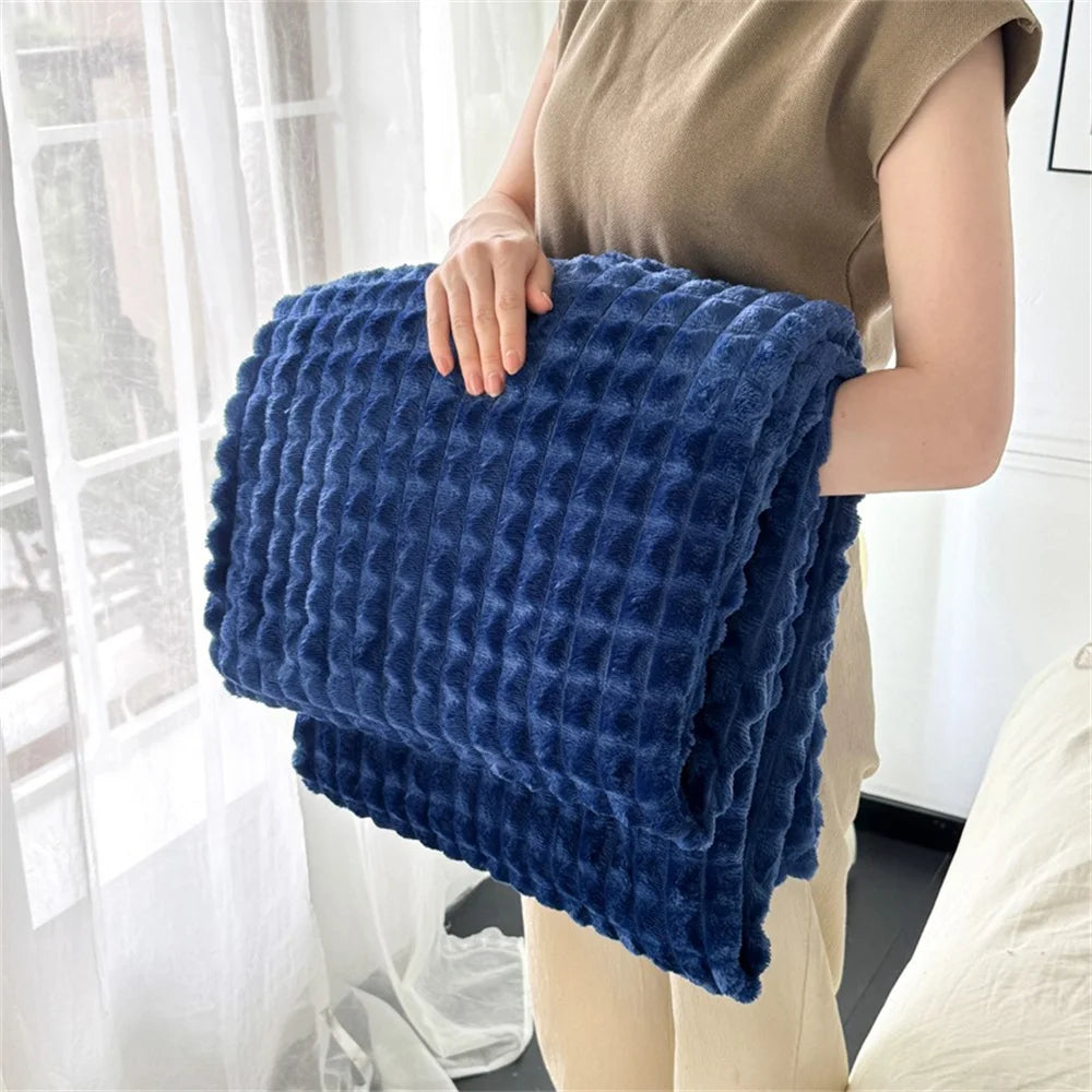 couverture polaire rayée beige bleu marine rose douce hiver adulte maison opacité confortable