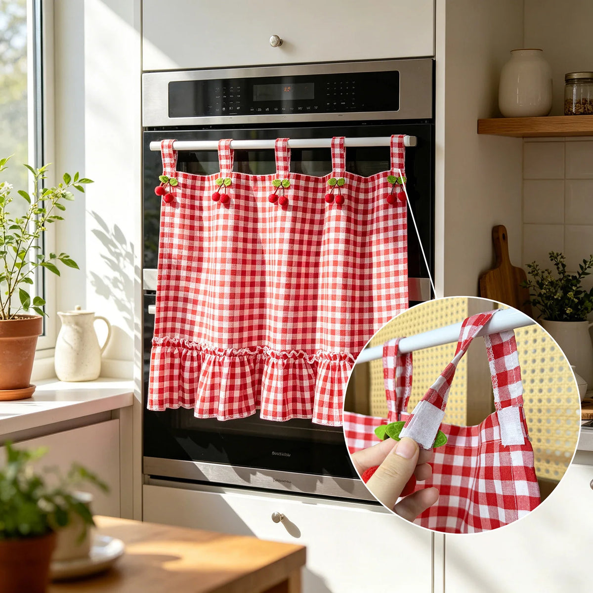 rideau cuisine rouge blanc carreaux vintage opacité fenêtre pastorale 100 polyester
