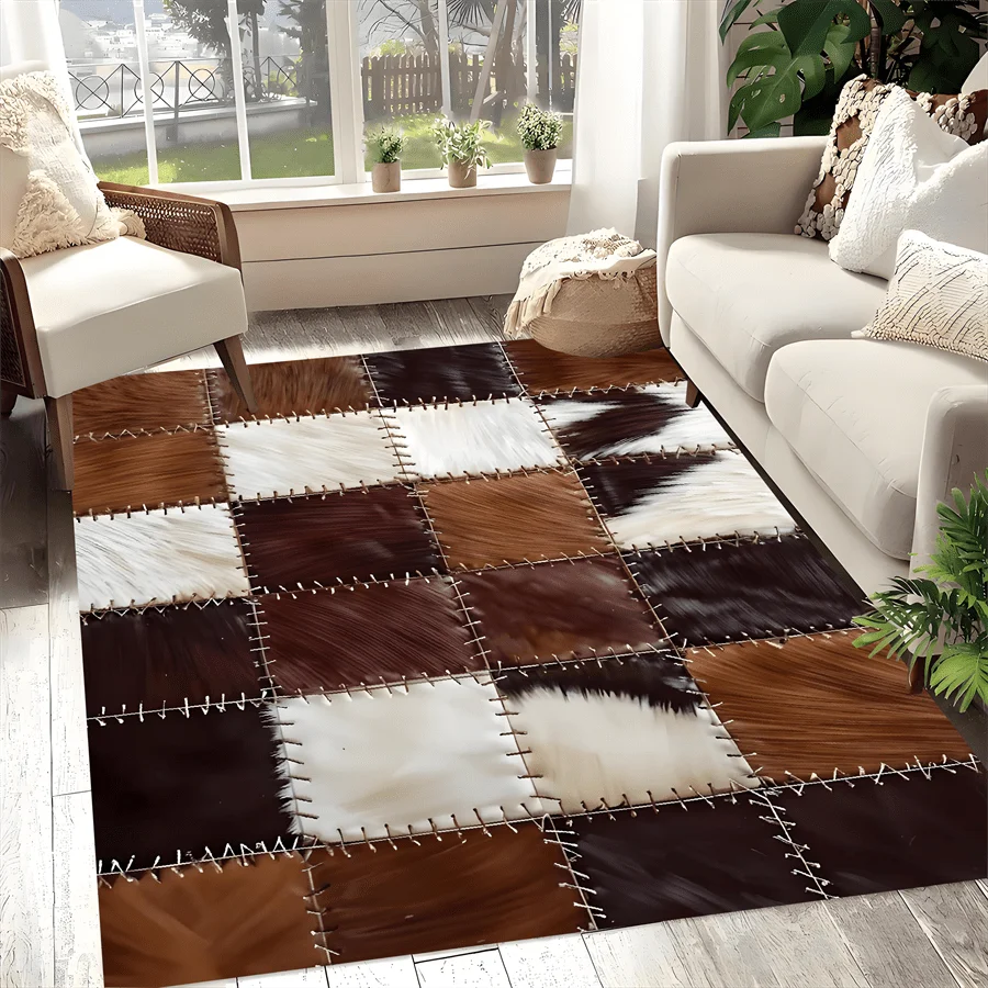tapis marron blanc patchwork imitation cuir antidérapant moderne rustique intérieur cuisine salle bain