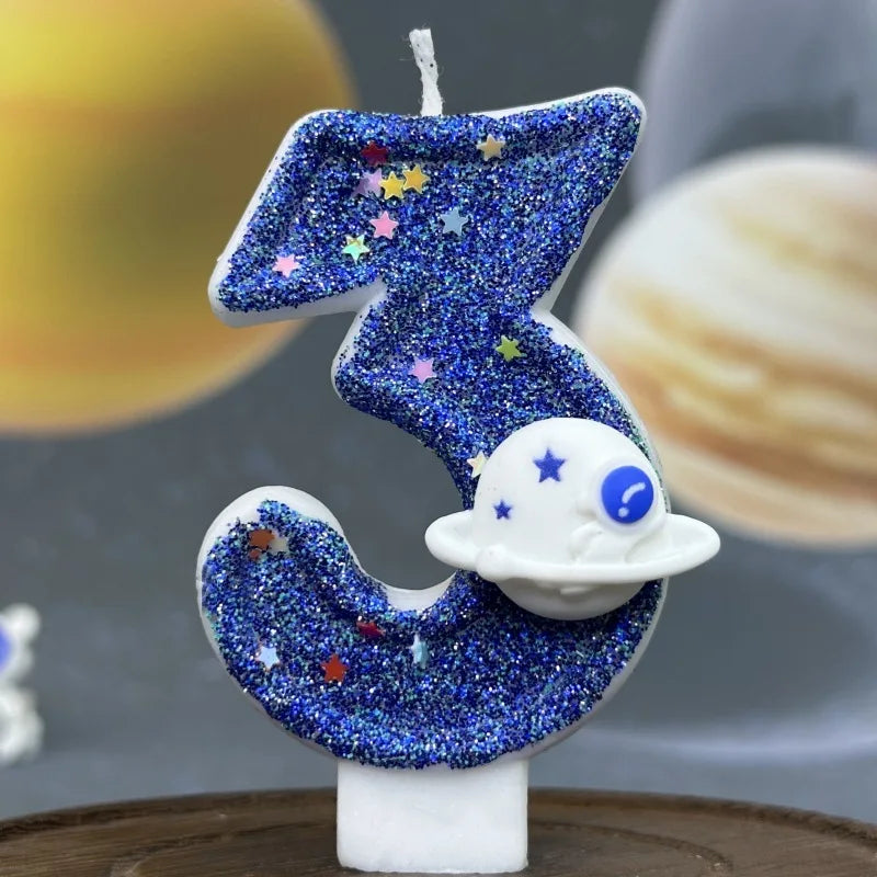 bougies numéraires bleu pailleté motif étoiles thème espace anniversaire mariage fiançailles tringle