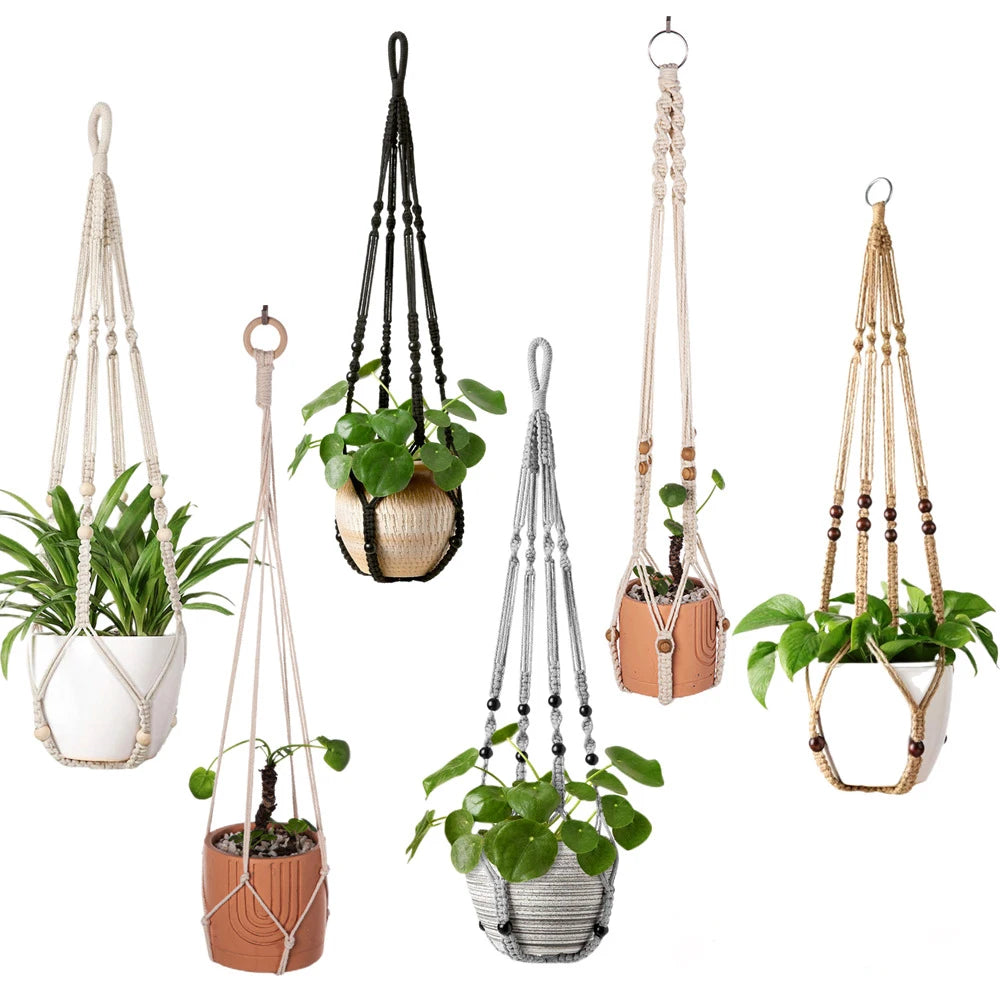 supports plante suspendus macramé boho anneaux suspension pots verts artisanaux