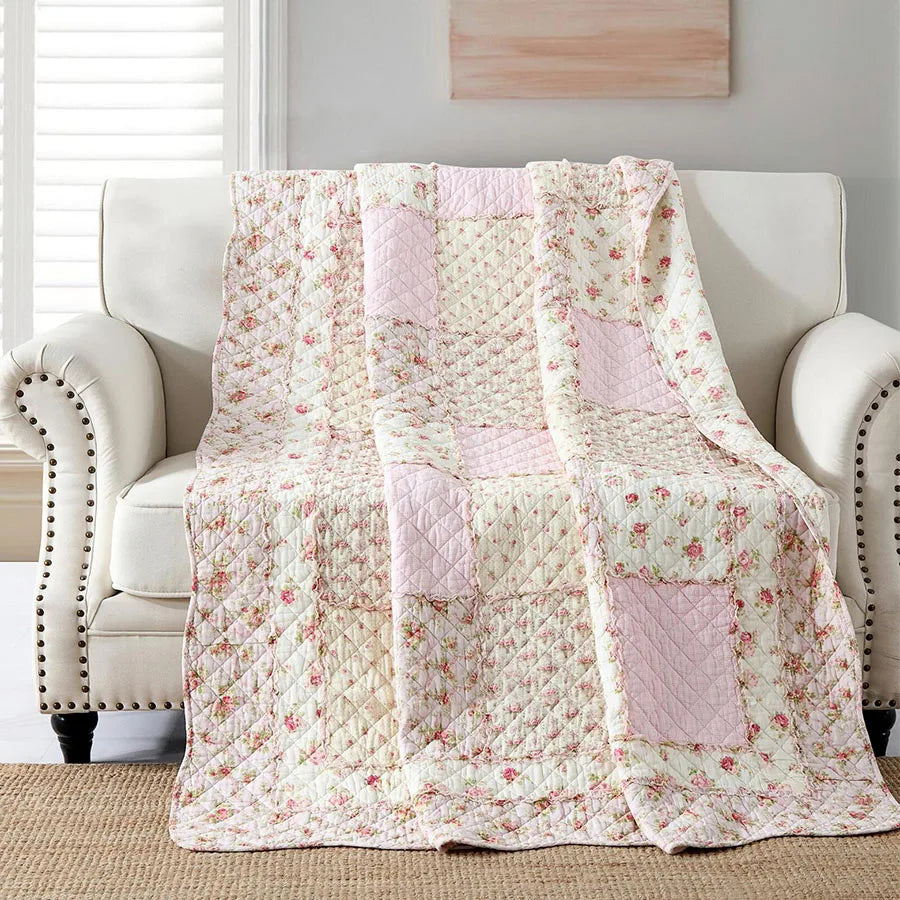 couverture coton patchwork fleurs rose feuilles vertes 150x200cm maison toutes saisons