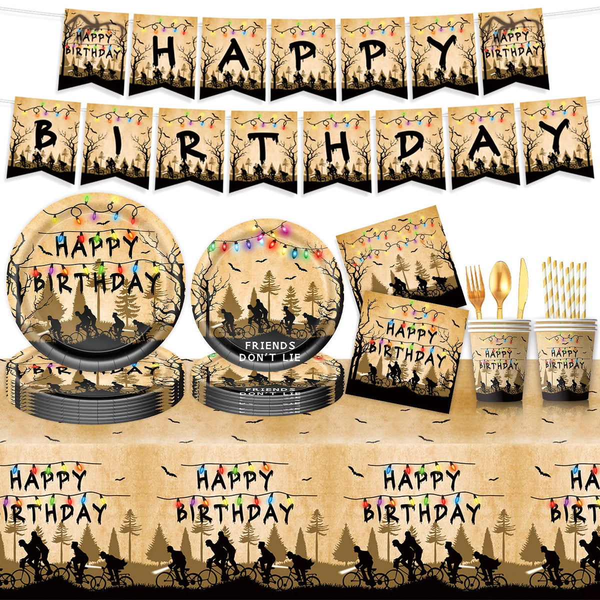 décoration fête anniversaire silhouettes cyclistes arbre guirlande lumineuse happy birthday friends don't lie nappe