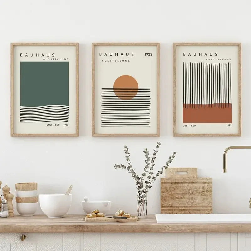 affiches abstraites vert beige orange moderne minimaliste lignes horizontales cercles géométriques salon chambre