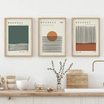 affiches abstraites vert beige orange moderne minimaliste lignes horizontales cercles géométriques salon chambre