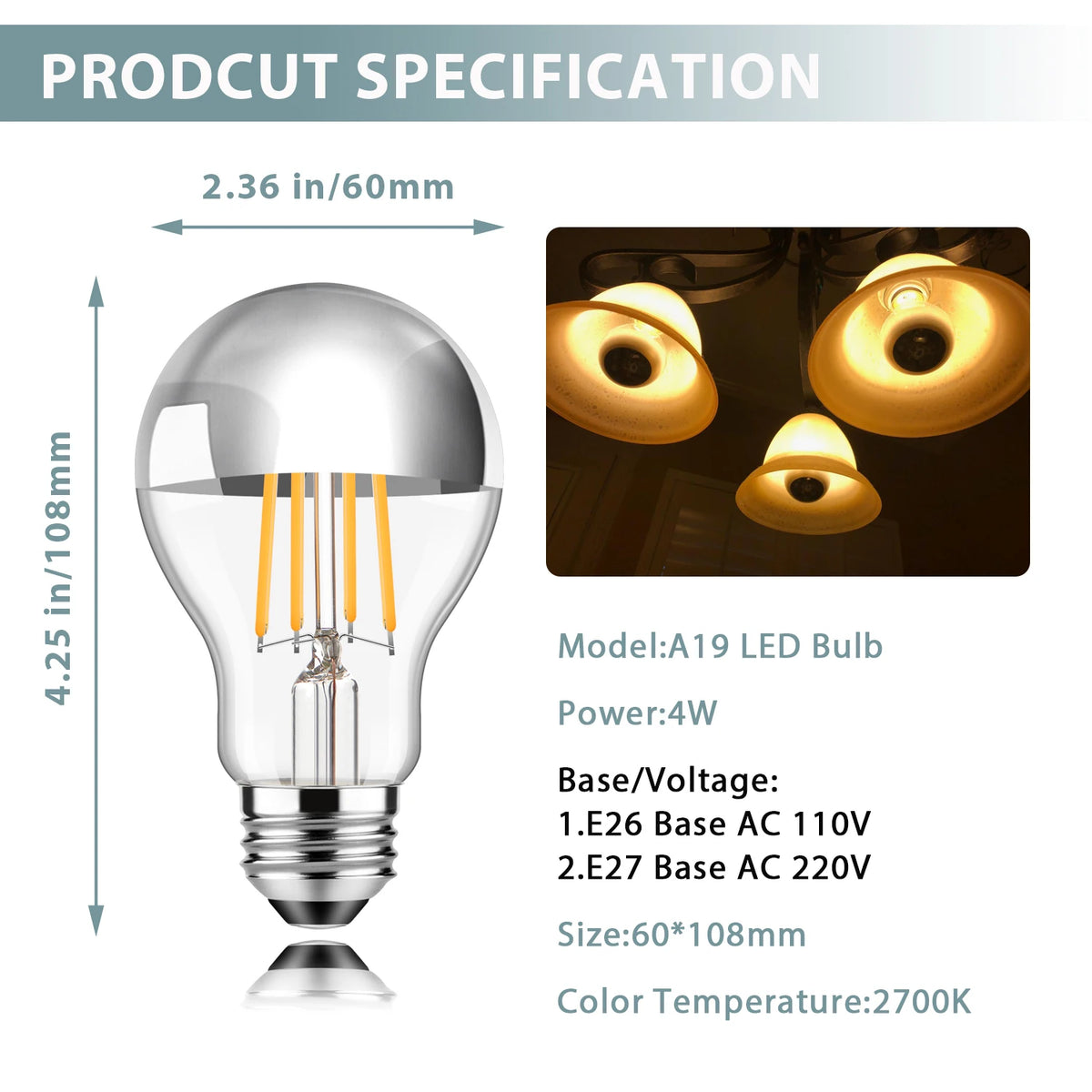 ampoules led argentées filament doré vintage e27 2700k 6500k 20000h