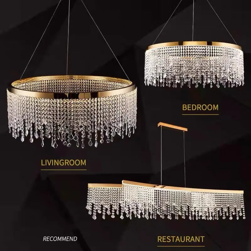 lustre led cristal or moderne luxueux suspendu chaînes transparent nordique