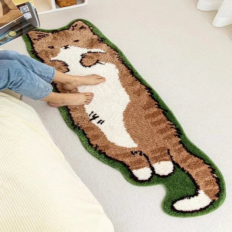 tapis chat poilu marron blanc vert noir ludique chambre enfant 40x120cm