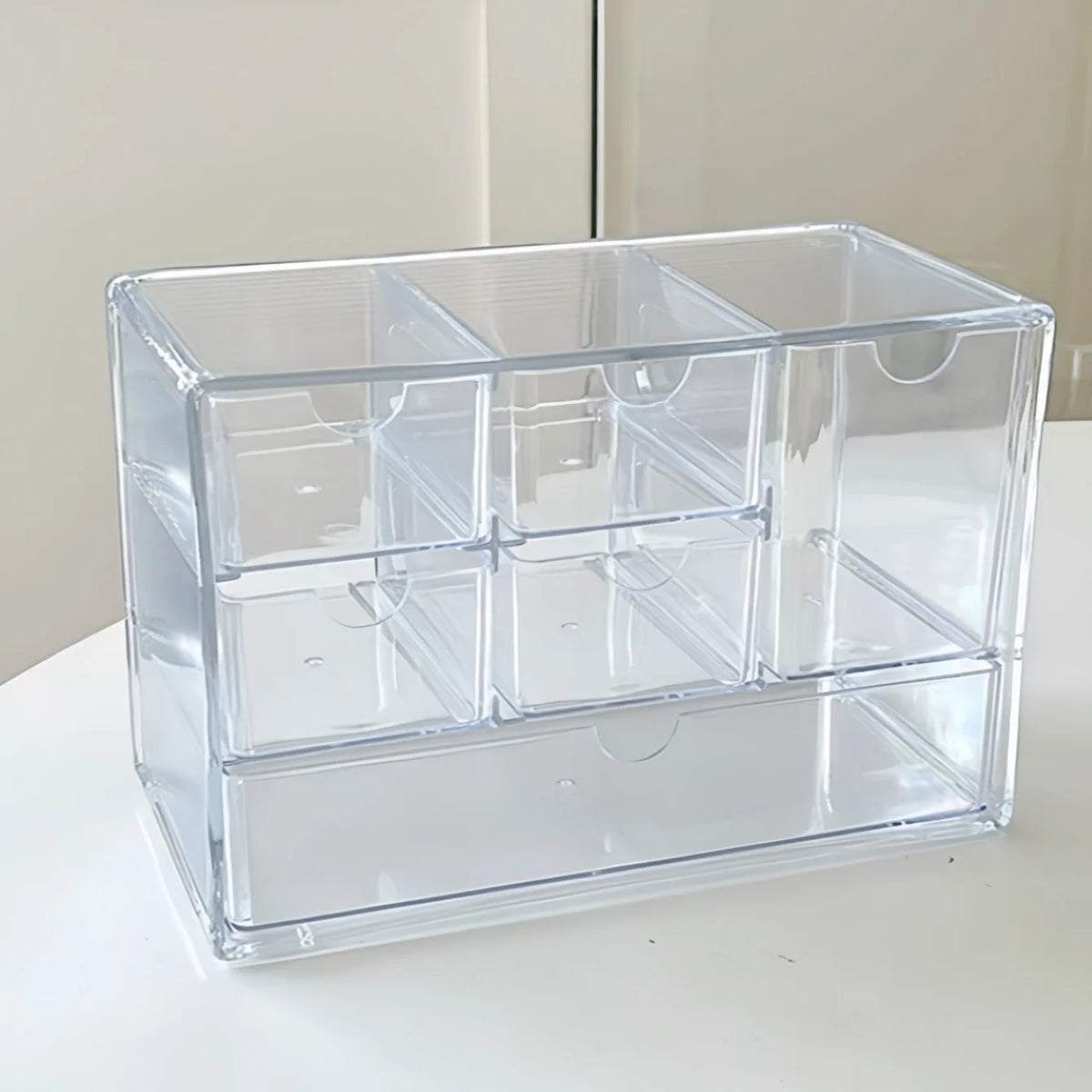 boîte rangement cosmétiques transparente moderne compartiments tiroirs empilable organisation pinceaux bijoux parfums