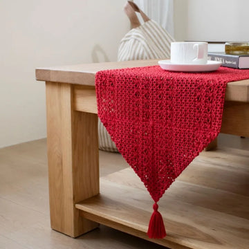 chemin table rouge blanc rayures horizontales crocheté coton lin décoration salle manger maison