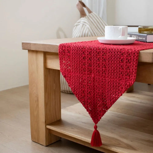 chemin table rouge blanc rayures horizontales crocheté coton lin décoration salle manger maison