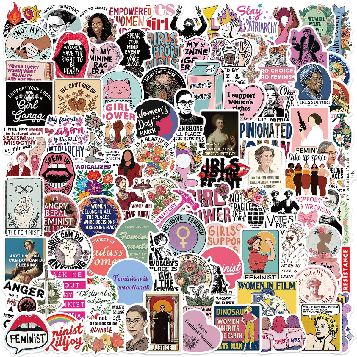 sticker adhésif féministe graphique multicolore textes images symboles décoration scrapbooking imperméable 100pcs