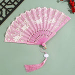 éventail pliant traditionnel violet blanc fleurs brodées clips métalliques pompon élégant décoration danse hand