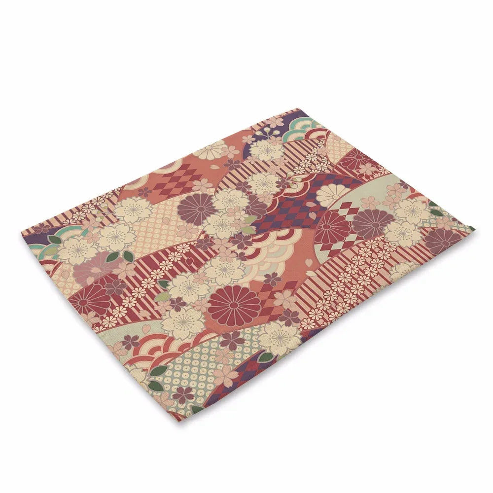 tapis table art japonais traditionnel fleurs motifs géométriques bleu vert rouge beige