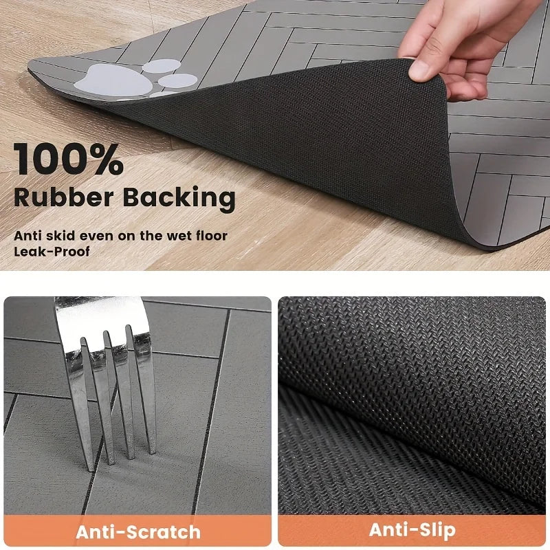 tapis nourriture chien gris rayures pattes diagonales absorbant durable deux bols alimentation