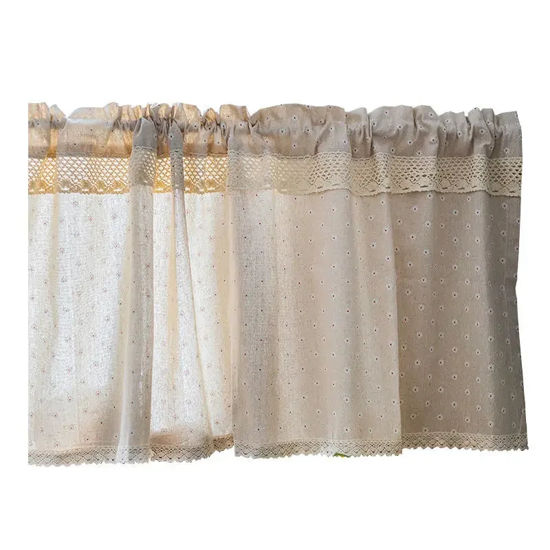 rideau lin beiges fleurs blanches bordure dentelle cuisine classique vintage 140x50cm