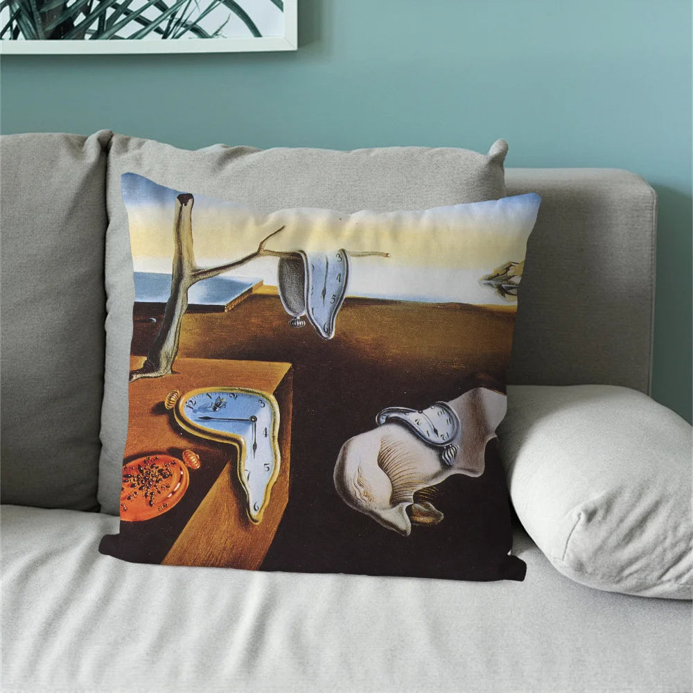 taie d'oreiller pop art salvador dali déformée motif contemporain coussin décoratif noir beige gris