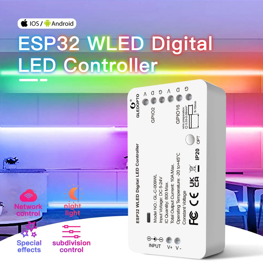 contrôleur led esp32 wled wifi app controle strip led blanc moderne compact broches gpio