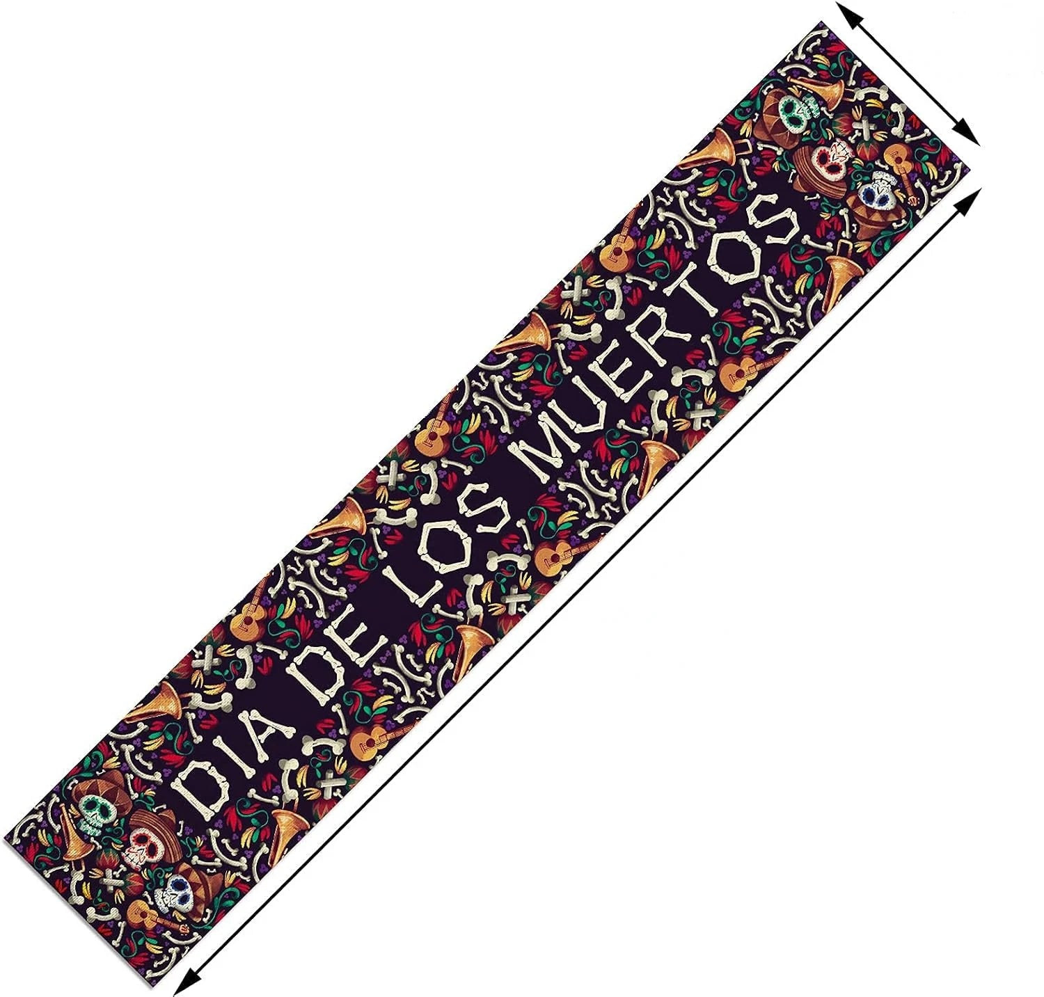 Un motif bariolé avec des symboles et des objets fantastiques sur un fond sombre.