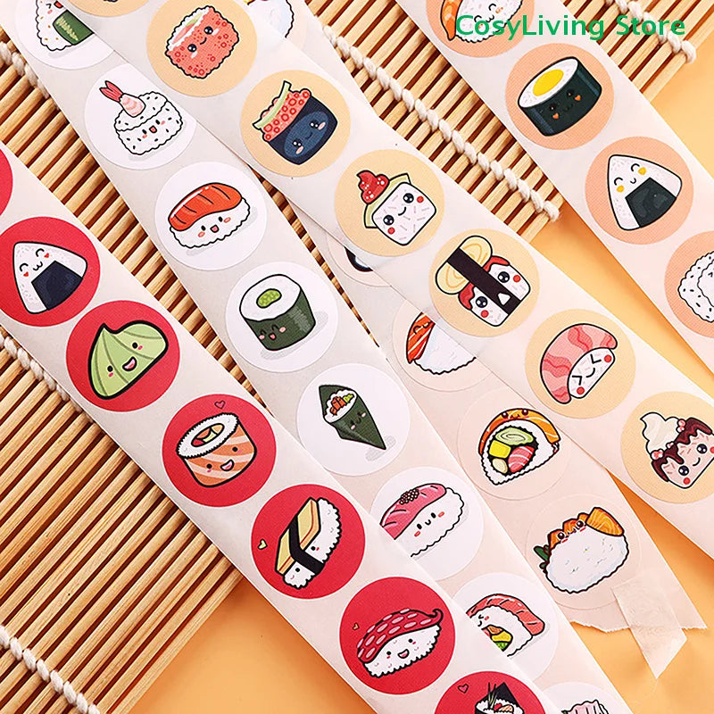 stickers adhésifs sushi cartoon visage couleurs diverses blanc rouge noir vert orange jaune rose