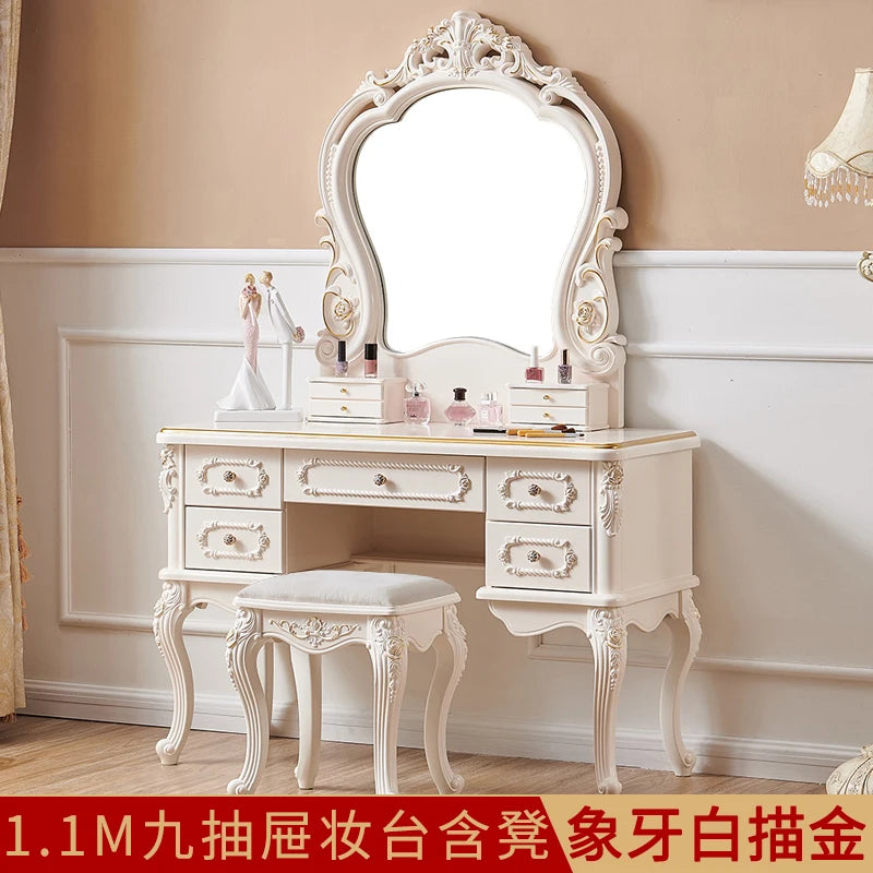 maquillage blanc ornements floraux six tiroirs grand miroir tabouret chambre classique