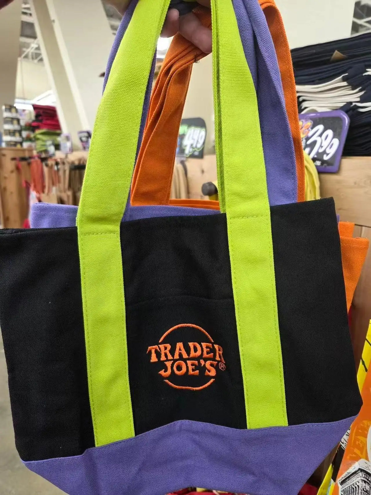 sac main réutilisable toile orange violet noir vert moderne poignées détachables étiquette logo sac