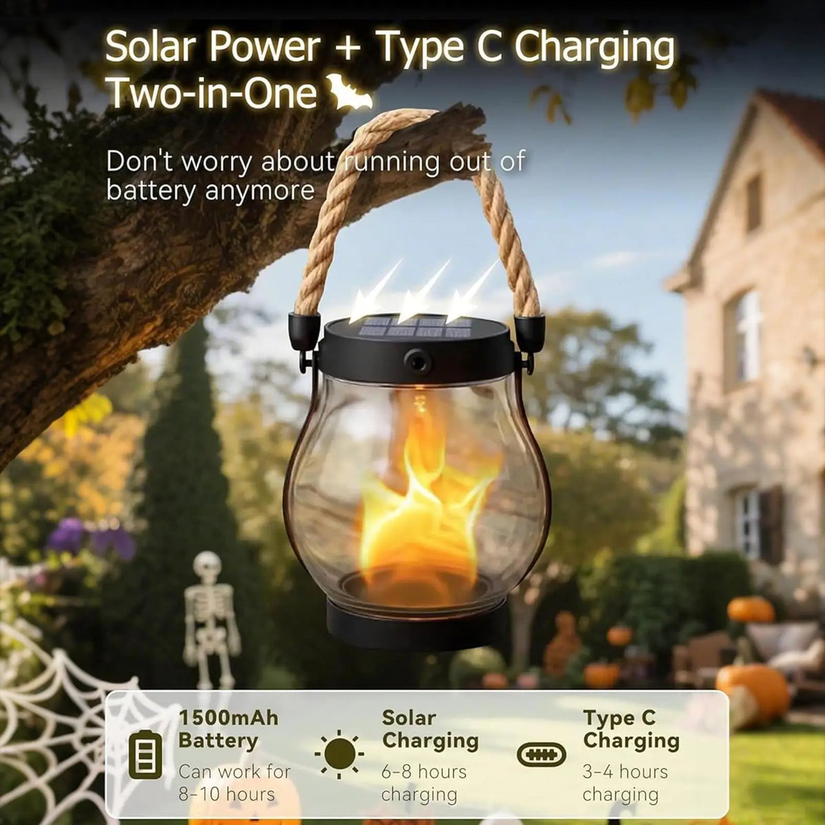 lanterne solaire transparente flamme vacillante résistante eau rustique halloween décoration corde inclusionextérieur
