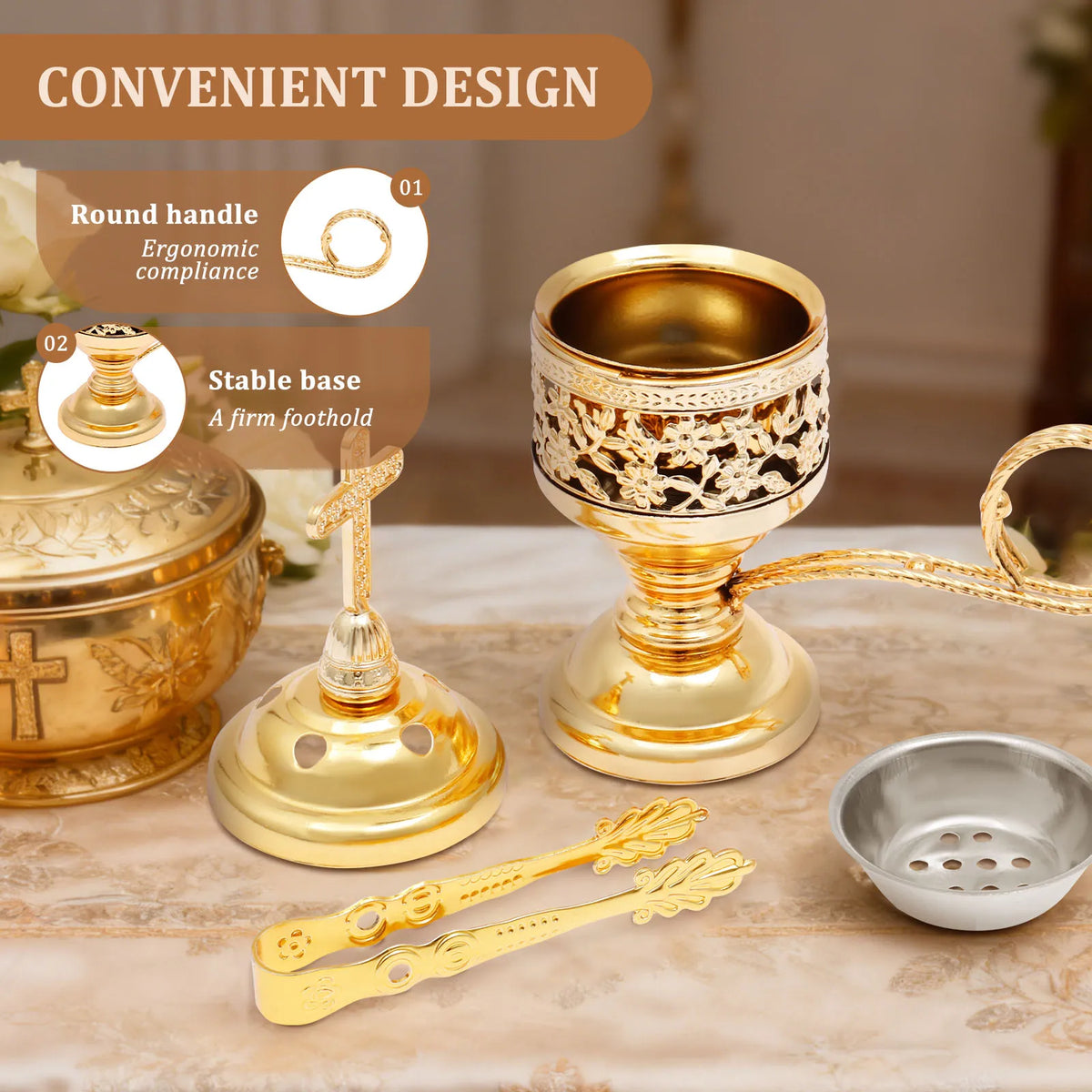 brûleur d'encens doré ornements floraux pince élégante aromathérapie maison pratique yoga spa