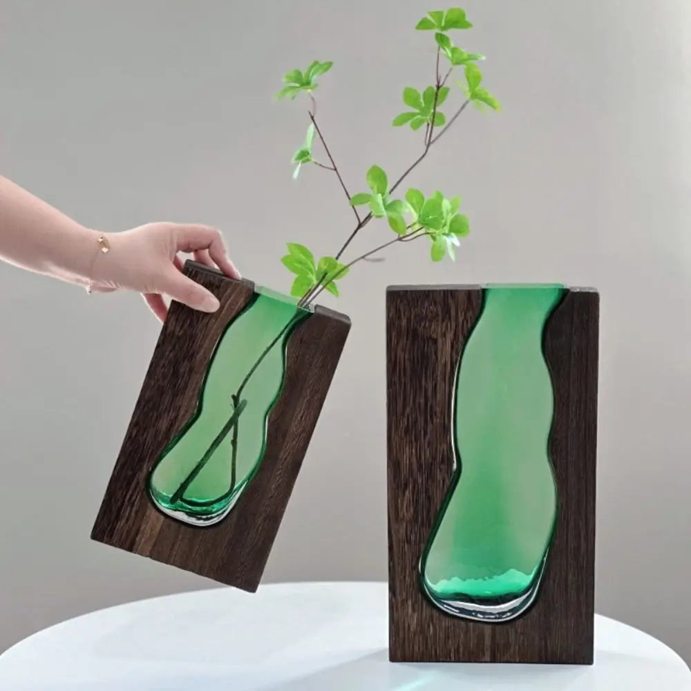 vase verre teinté bois moderne plante artificielle minimaliste transparent vert brun