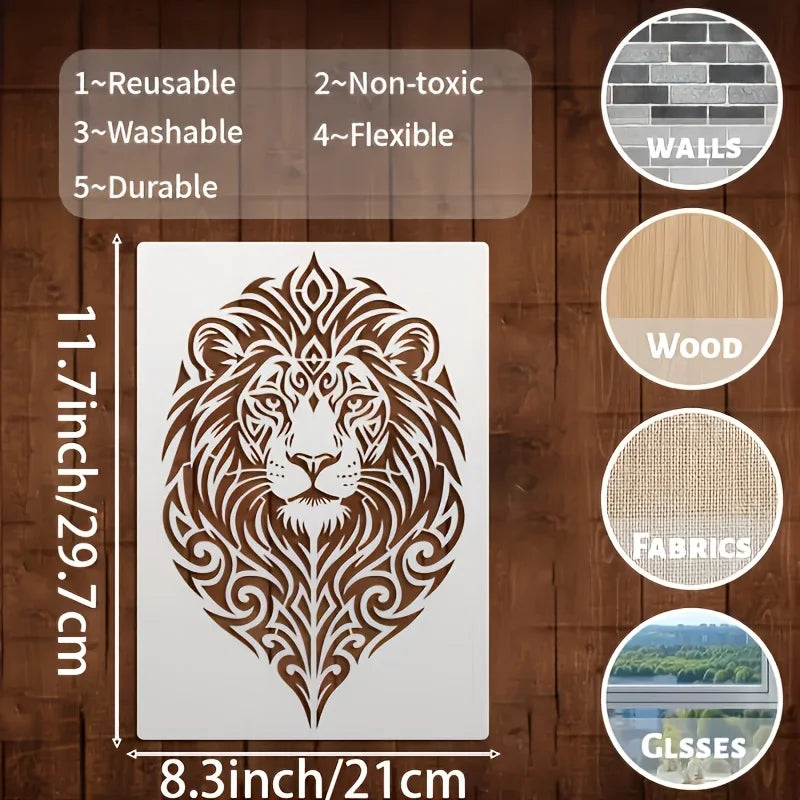 pochoir stencil lion stylisé motifs floraux blanc brun artisanal adhésif peinture bois décoration intérieure