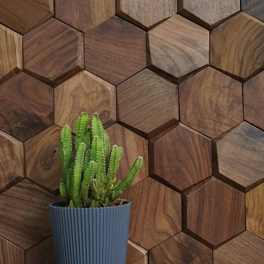 mosaïque hexagonale bois marron moderne décoration murale chic pièces irrégulières gravure naturelle