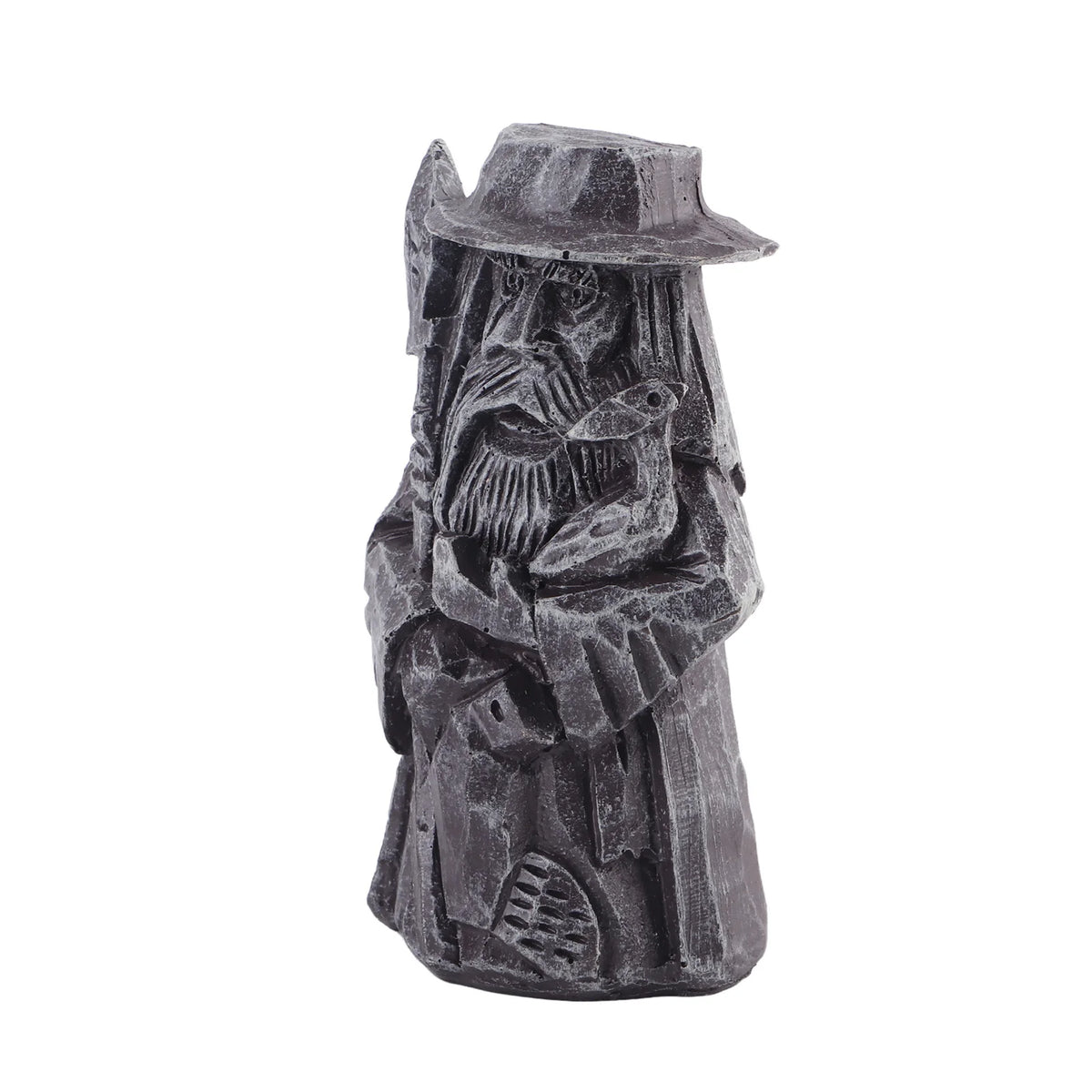 statue décorative viking homme âgé chapeau barbe oiseau gris foncé noir sculpté fantastique mystérieuse