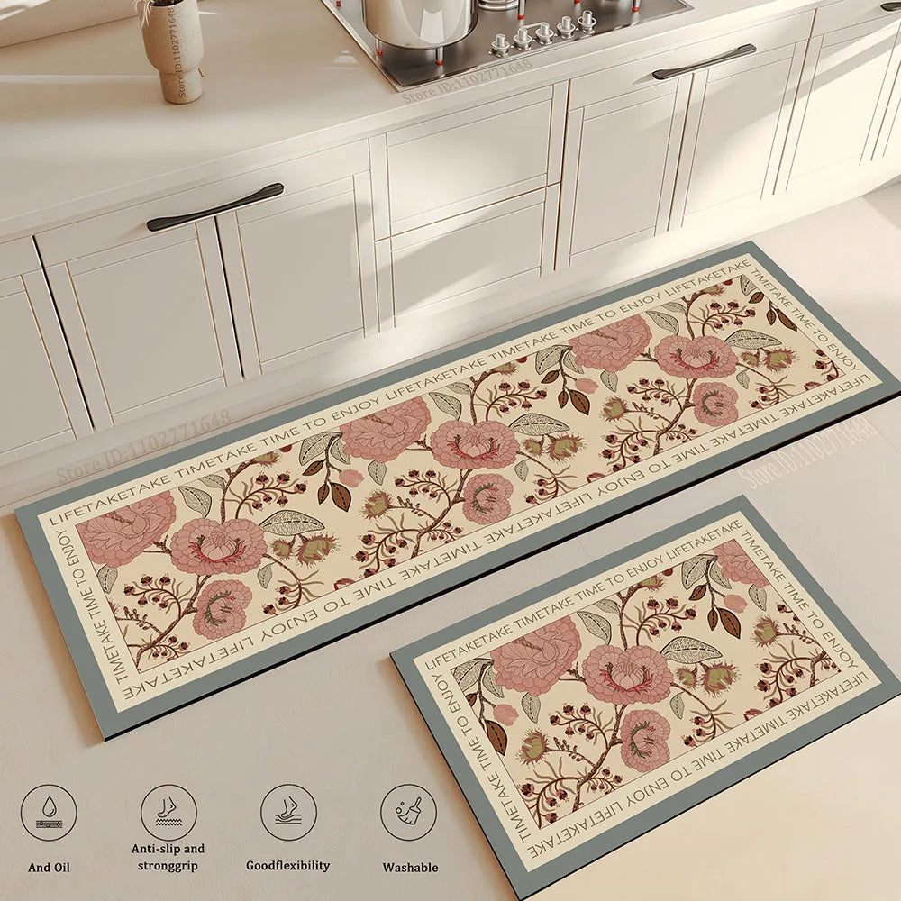 tapis cuisine antidérapant doux lavable motif floral beige rose vert gris sol maison