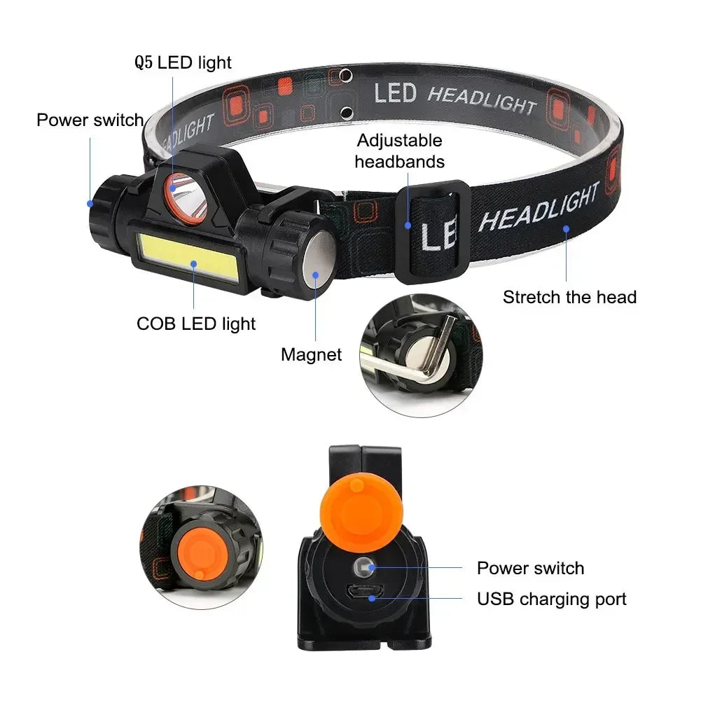 lampe frontale led rechargeable bande élastique réglable q5 cob aimant orange noir travaux camping