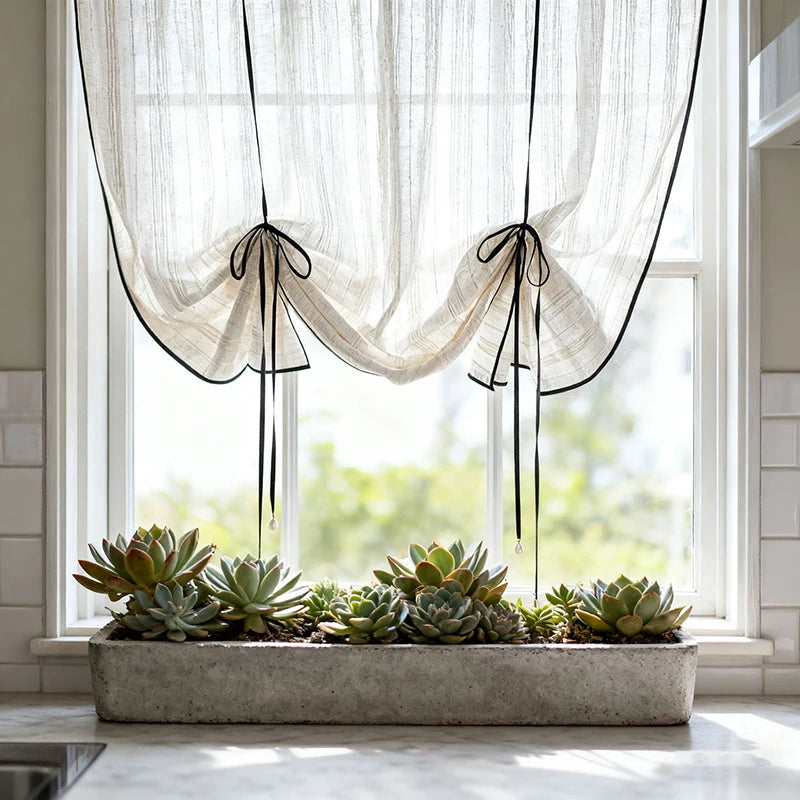 rideau blanc cassé transparent rustique tissu texturé fenêtre extérieure chambre salon
