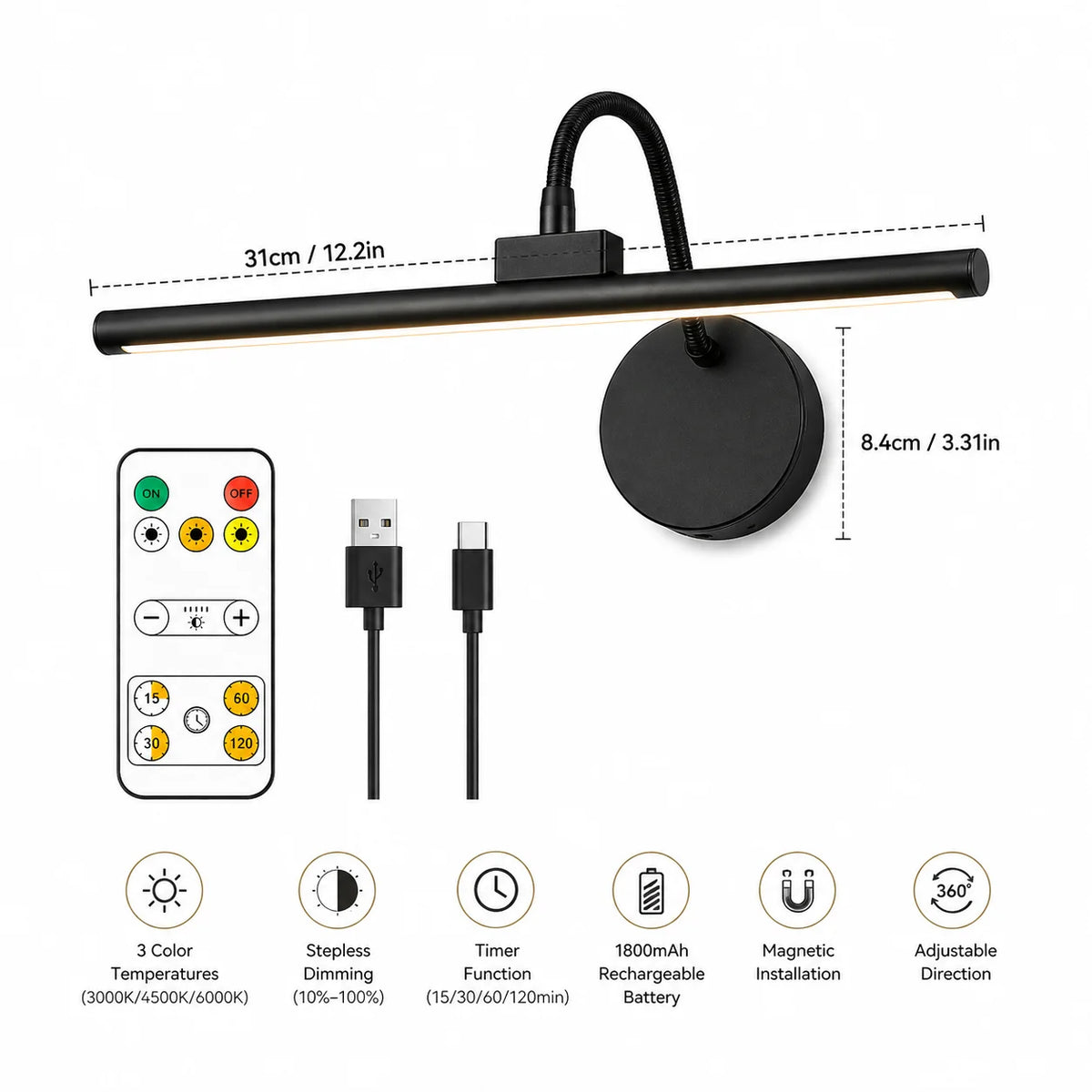 lampe murale led rechargeable noire aimantée couleurs réglables moderne minimaliste
