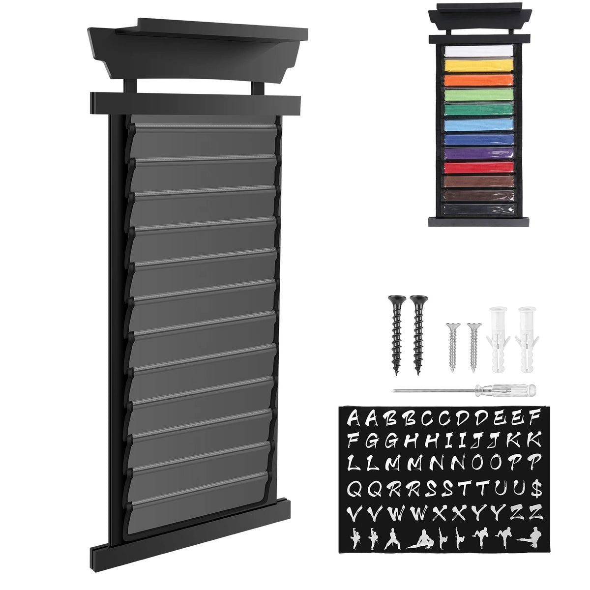 support mural noir moderne ceintures karaté médailles rubans 26 lettres 12 compartiments anti poussière
