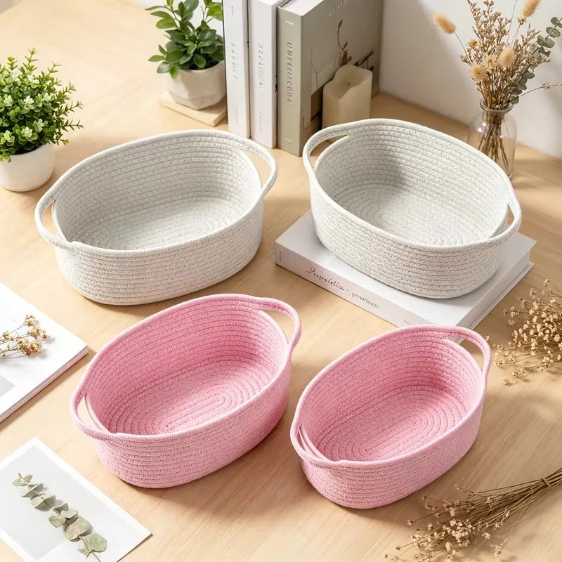 paniers rangement tressés coton scandinave blanc rose minimaliste multifonctionnels