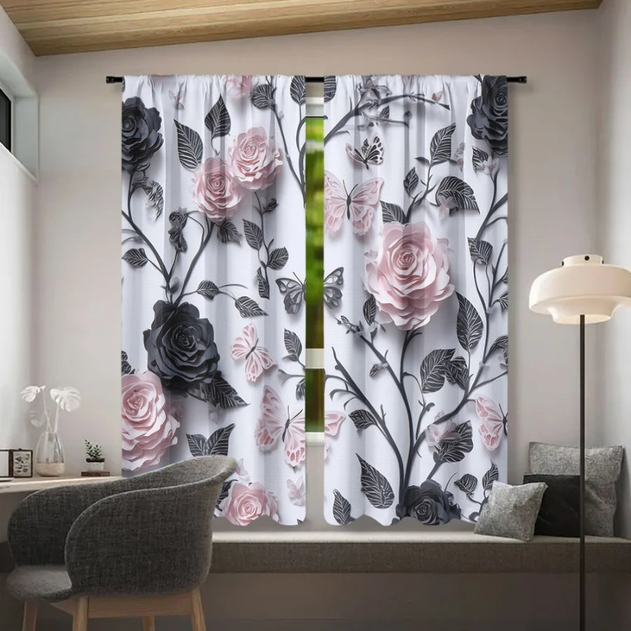 rideau moderne fleuri blanc rose noir floral 100 polyester dimension variable