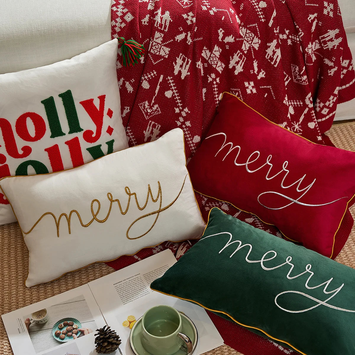 housse coussin brodée lettres noël velours polyester 30x50cm festive decoration voiture
