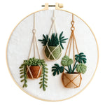 Kit broderie plantes suspendues tissu imprimé fils aiguilles cerceau instructions bohème artisanal débutants