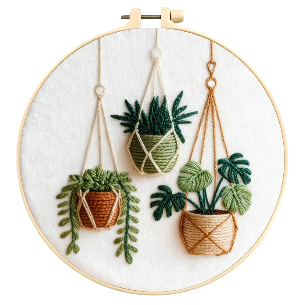 Kit broderie plantes suspendues tissu imprimé fils aiguilles cerceau instructions bohème artisanal débutants