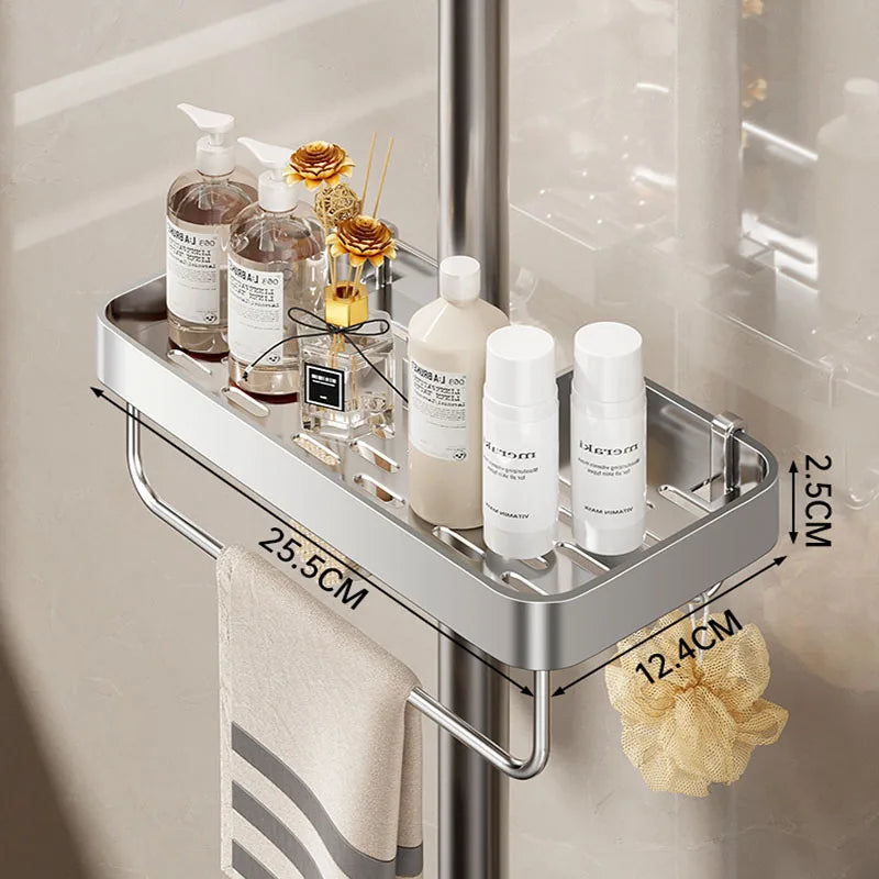 étagère douche moderne aluminium gris lisse salle bain fixée sans percer plateau shampooing cosmétique
