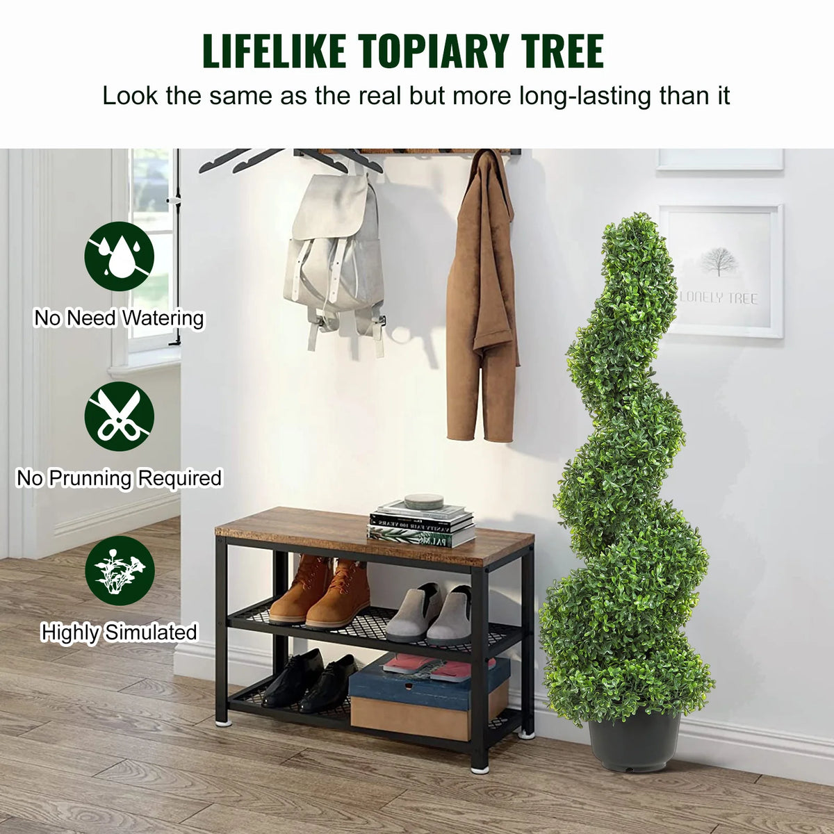 topiaire artificielle feuilles rondes dense moderne pot noir extérieure verte grande hauteur decoration