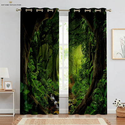 Rideau imprimé 3D paysage forêt vert dans un salon moderne