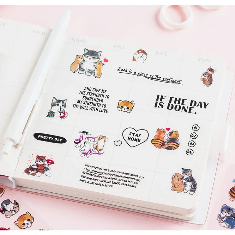 sticker kawaii adhésif dessins animés chats floraux textes scrapbooking transparent rose vert bleu blanc
