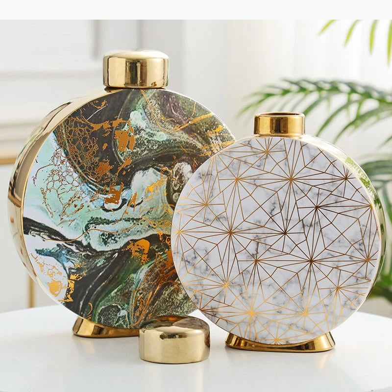vase moderne élégant marbré couvercle doré multifonction fleur décoration intérieure blanc doré